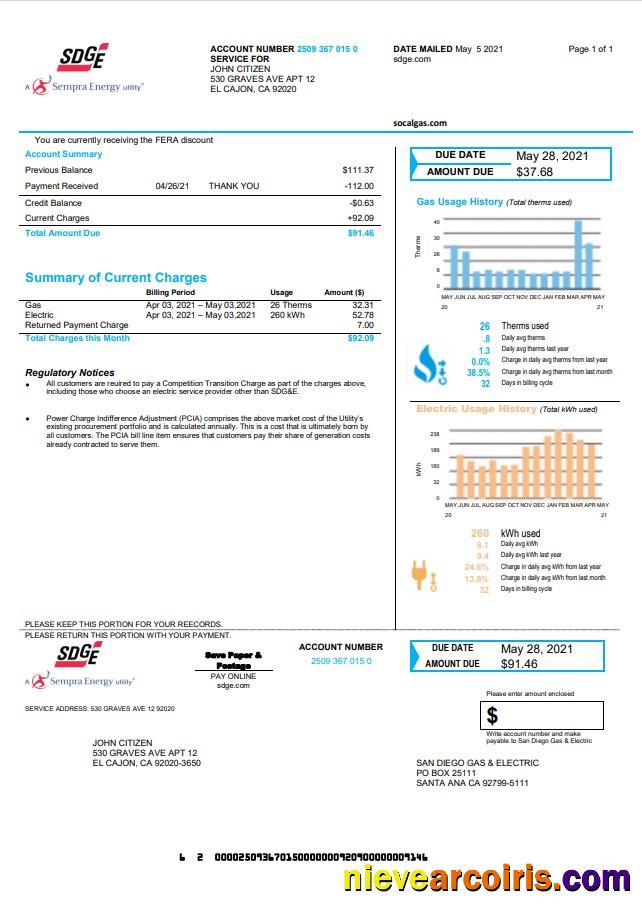 USA California San Diego Gas & Electric SDG&E utility bill